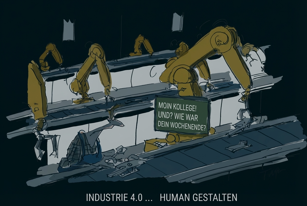 Karikatur: Fabrikfließband mit gelben Industrierobotern und einem Menschen am Band.